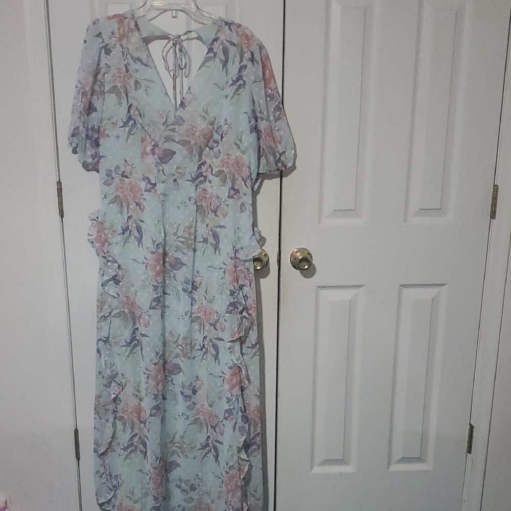 Dizzy Pink and Blue V-Neck Puff Sleeve Maxi Dress